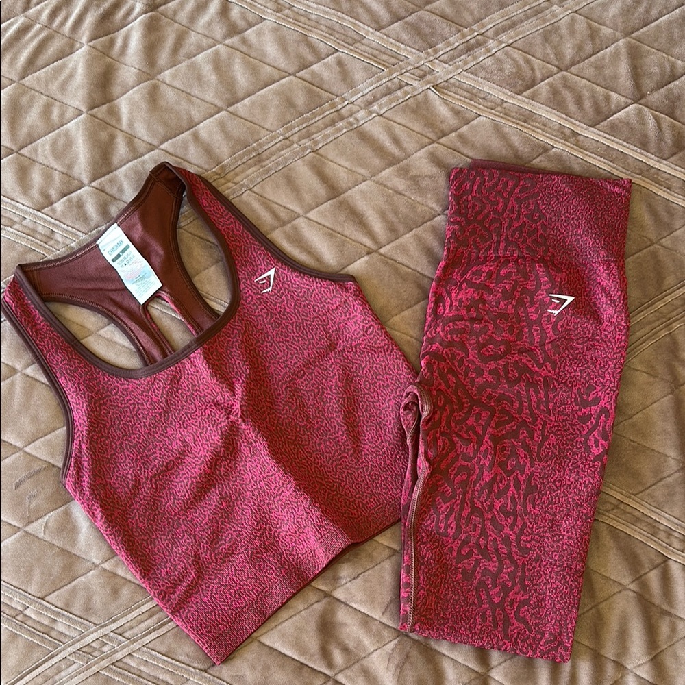 Gymshark Burgundy Animal Print Sports Bra and Leggings Set
